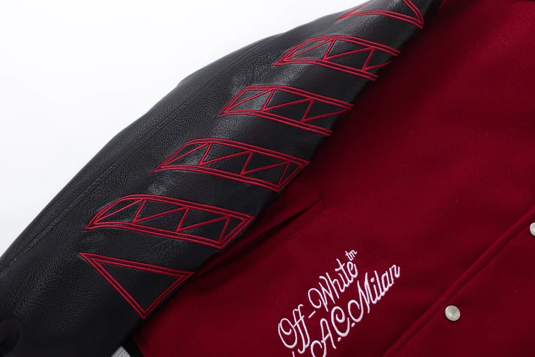 S69#P660, AC Milan offwhite25ss heavily embroidered leather baseball jersey, woolen fabric couple's jacket, black size: S M L XL